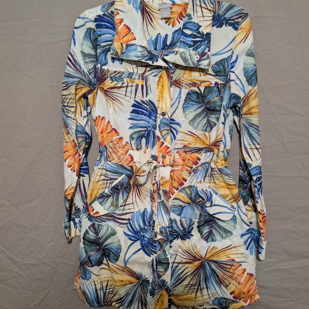 Chico's 100% Linen Tropical Print Mini Dress - Blue, Green, Orange